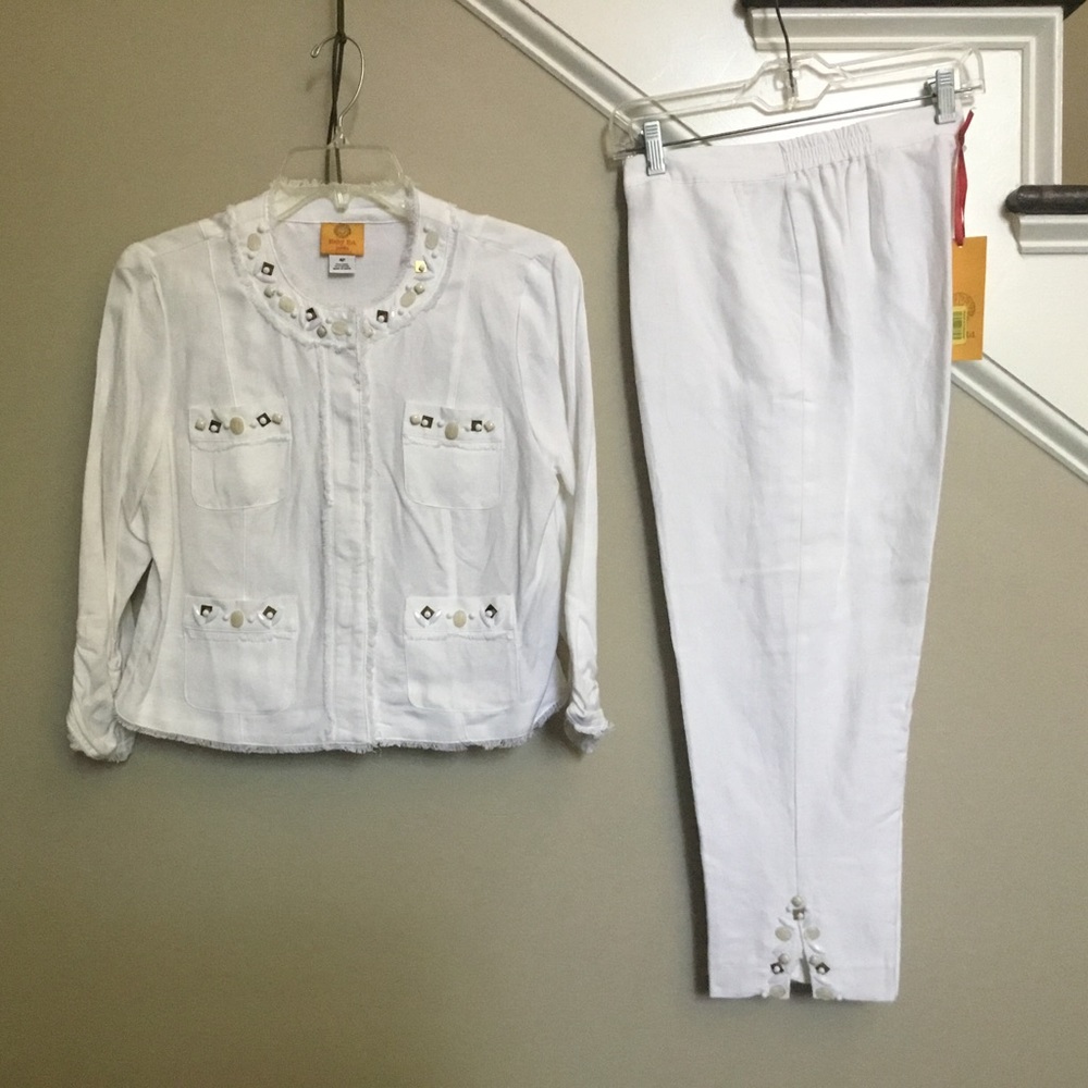 RUBY RD Linen white embellished jacket pants set 4P